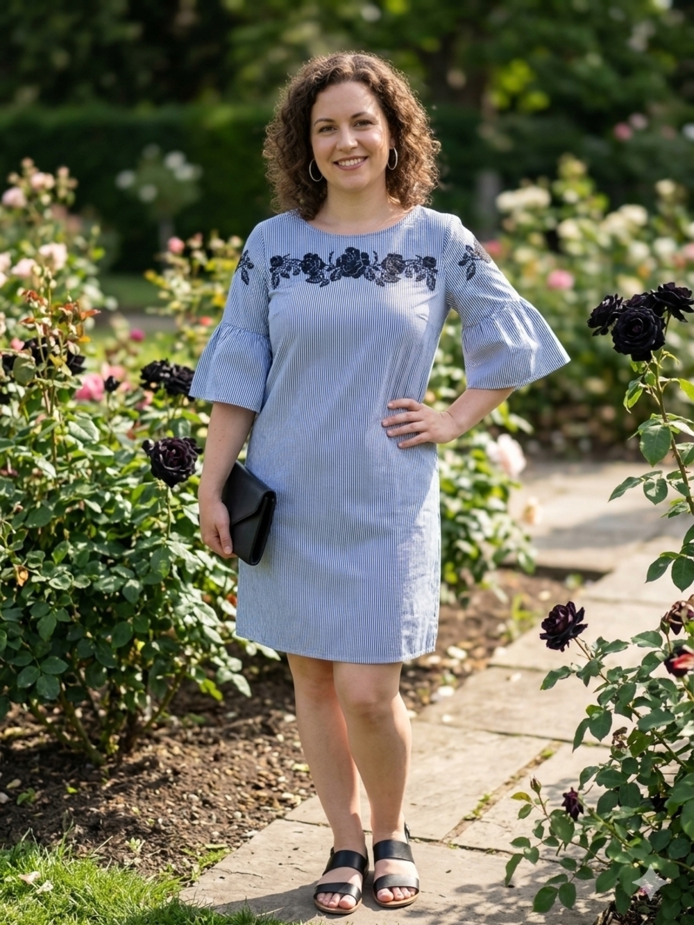 Jones New York Light Blue Striped Shift Dress with Navy Floral Embroidery
